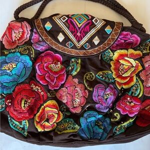 Anthropologie Tote Bag large Embroidered Beaded Floral 20 x 14